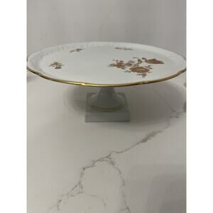 Limoges France Cake Stand Porcelain White Gold Trim Floral Vtg